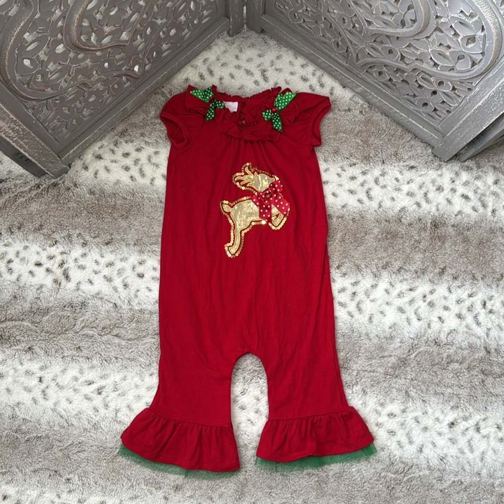 Bonnie Jean red Christmas romper baby girls 24 months sequin reindeer holiday